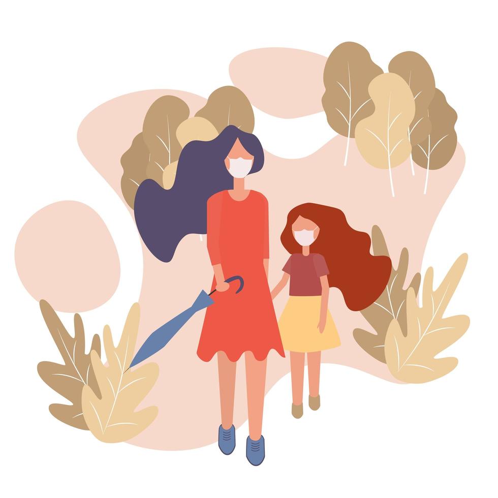 madre con su hija caminando en el parque con máscara. covid-19 o ilustración plana de influenza vector