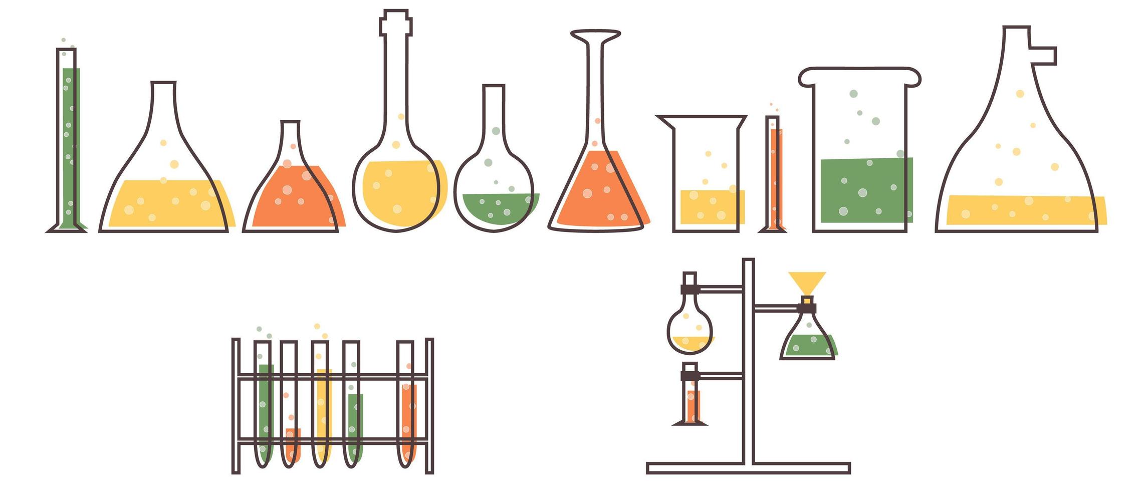 conjunto con equipo de laboratorio médico. tubo de ensayo, frascos, vasos de precipitados, matraces y portatubos de ensayo. ilustración plana suela vector