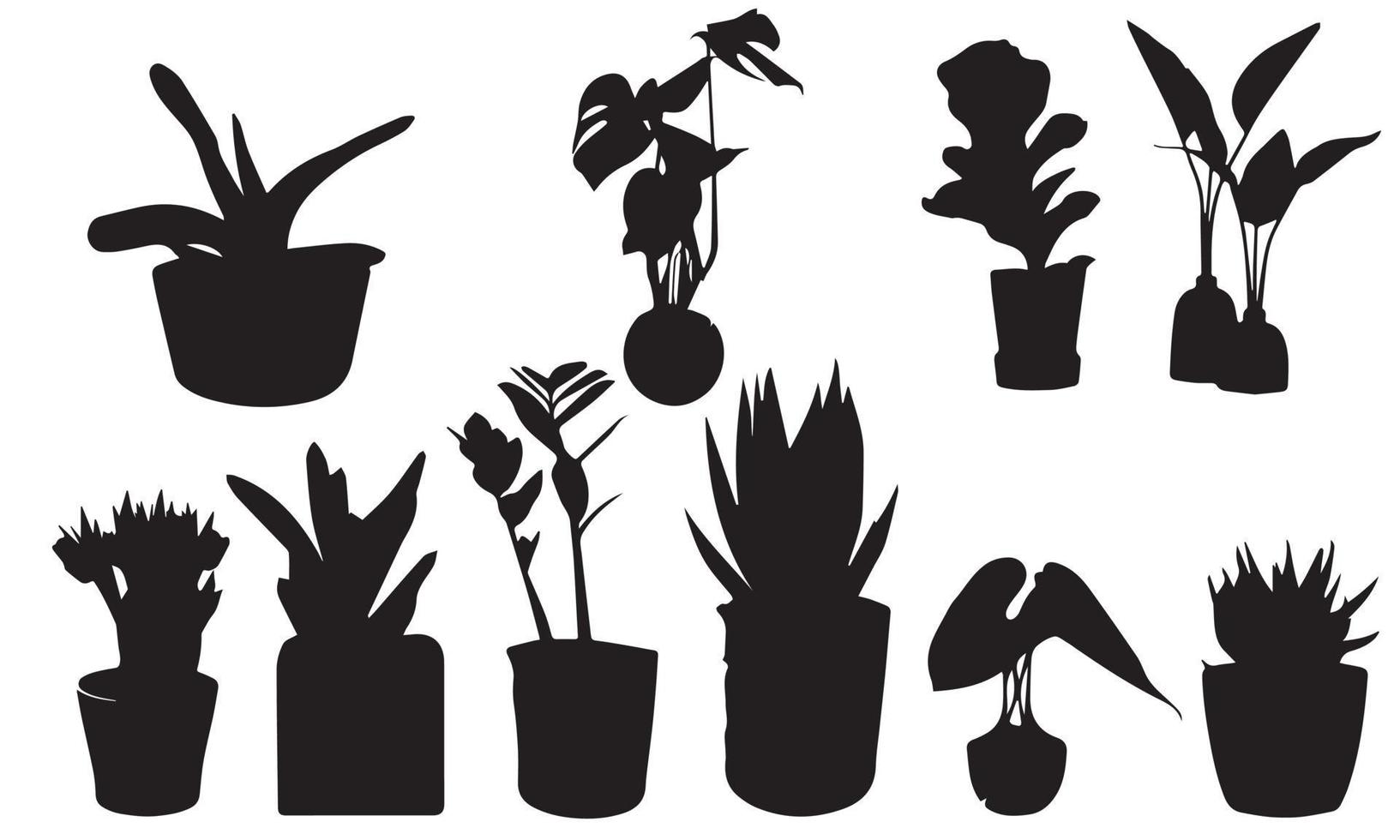 colección de siluetas de plantas de jardín interior y exterior de la casa de decoración en macetas y soportes iconos de conjunto gráfico vector