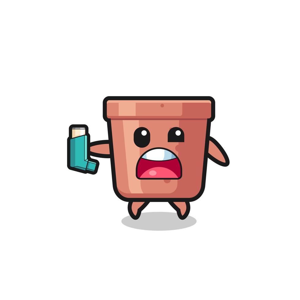 flowerpot mascot having asthma while holding the inhaler vector