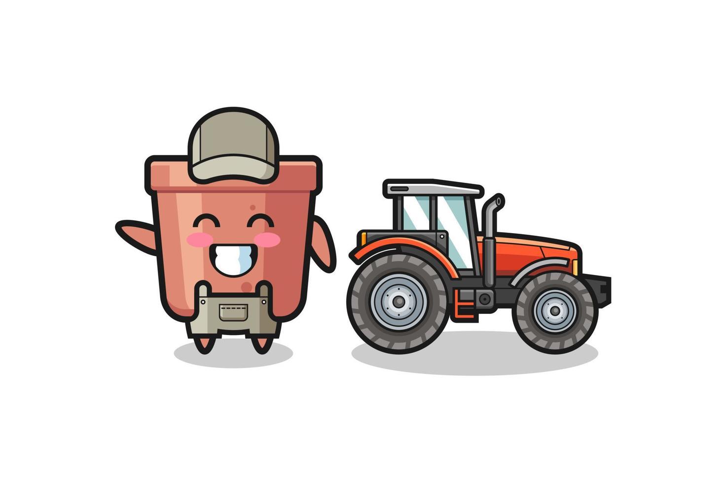 the flowerpot farmer mascot standing beside a tractor vector