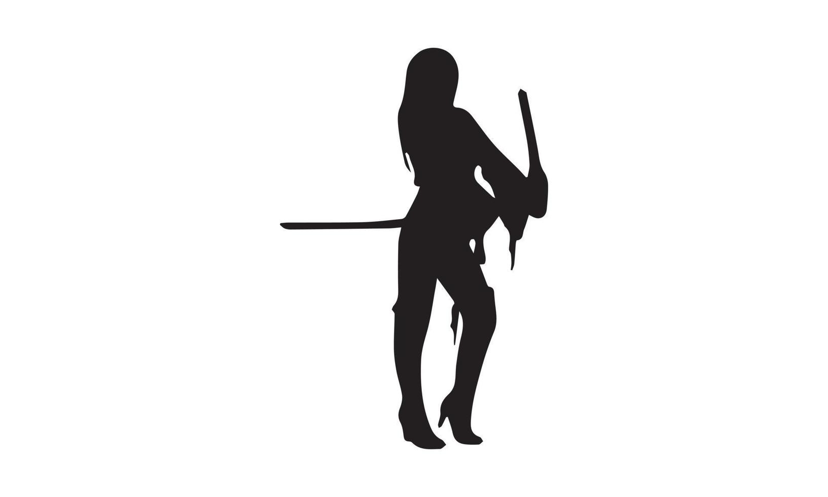 a female samurai with demonic horns in a pointed hat, and three swords vector illustration