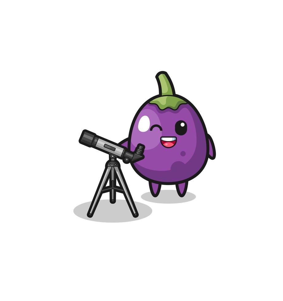 eggplant astronomer mascot with a modern telescope vector