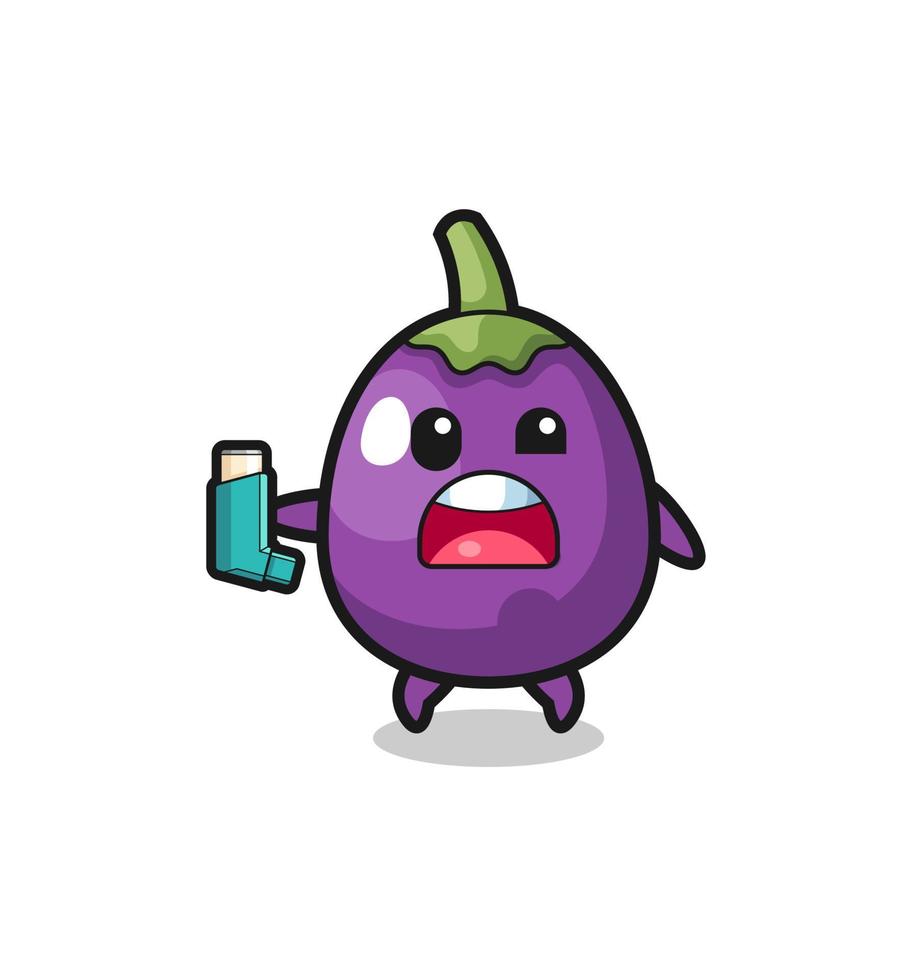 eggplant mascot having asthma while holding the inhaler vector