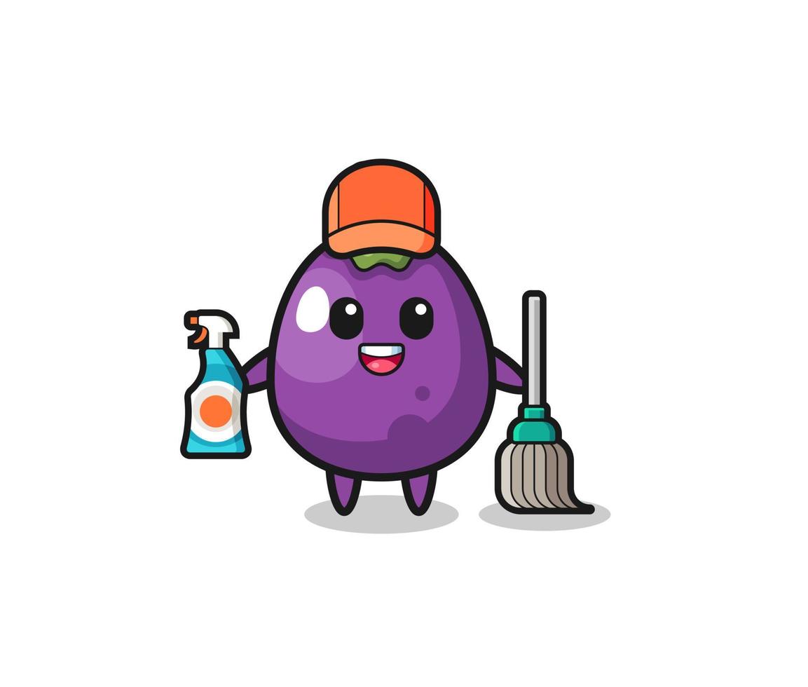 lindo personaje de berenjena como mascota de los servicios de limpieza vector