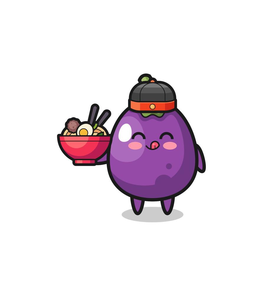 eggplant as Chinese chef mascot holding a noodle bowl vector