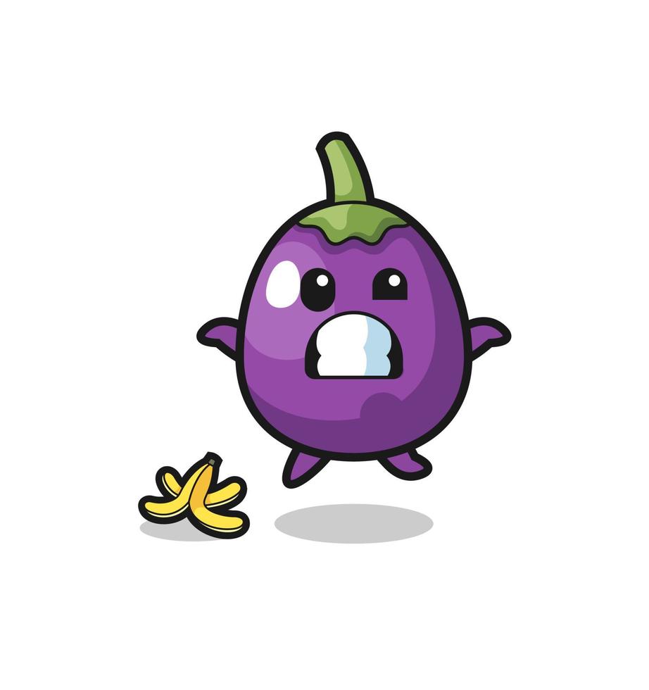 eggplant cartoon is slip on a banana peel vector
