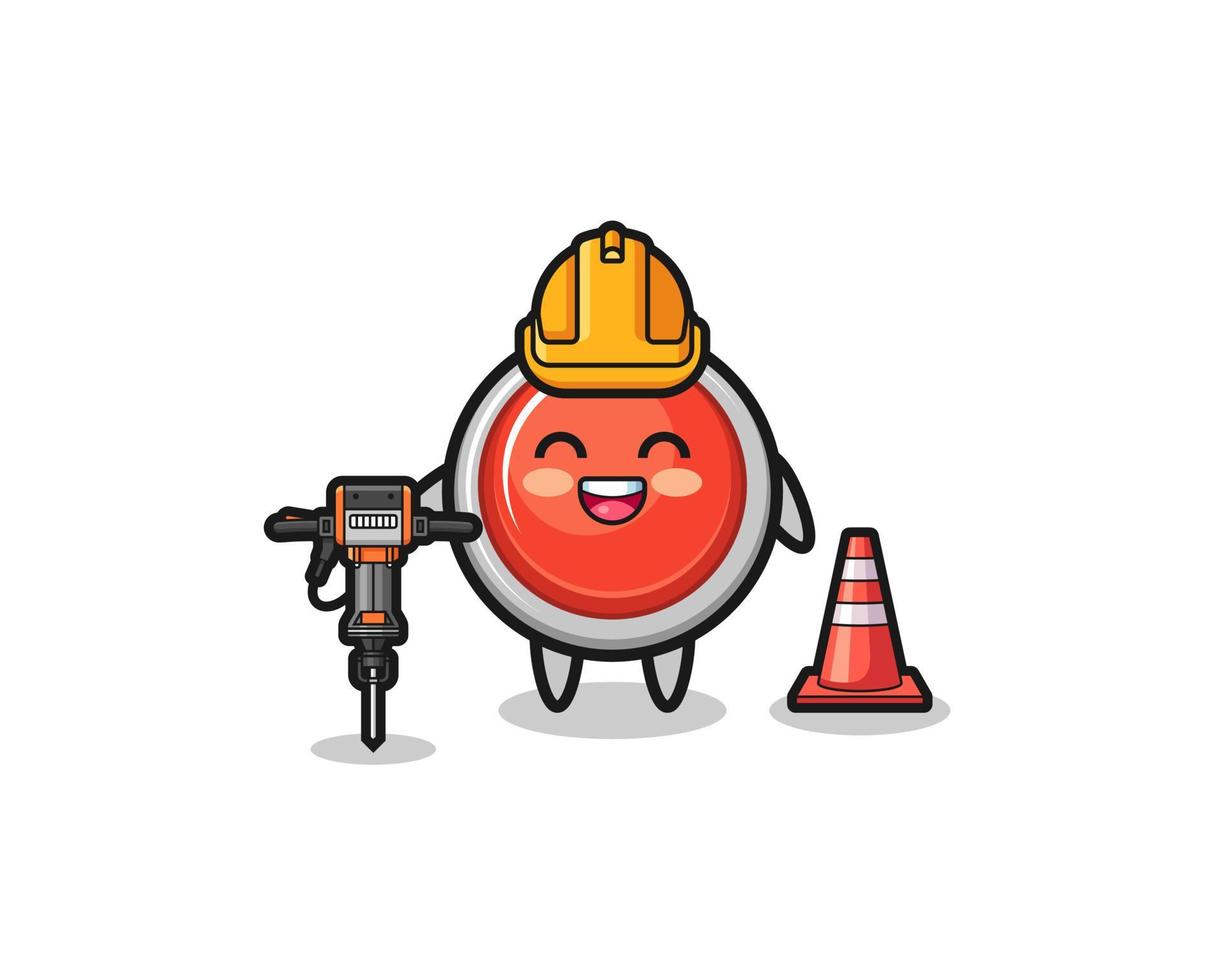 road worker mascot of emergency panic button holding drill machine vector