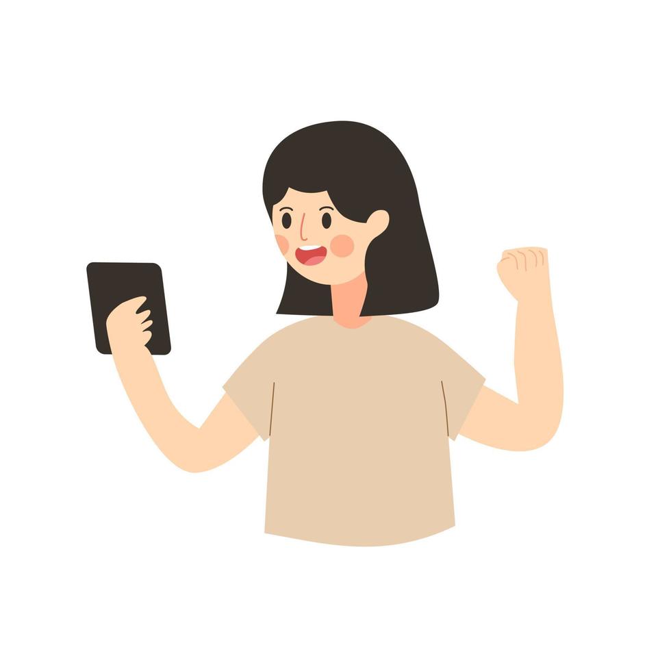 happy woman looking at her phone vector