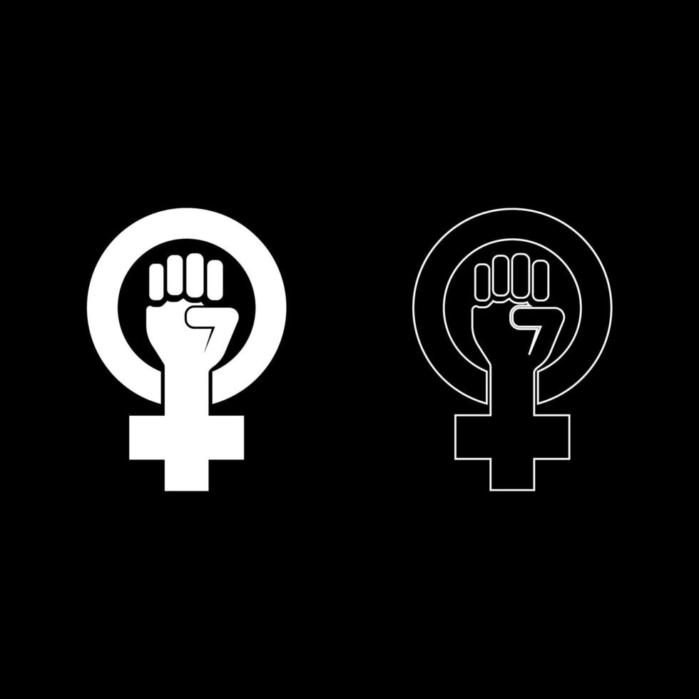 símbolo del movimiento feminista género las mujeres resisten la mano del puño en el esquema de iconos redondos y cruzados conjunto de color blanco ilustración vectorial imagen de estilo plano vector