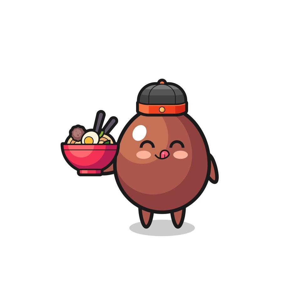 chocolate egg as Chinese chef mascot holding a noodle bowl vector