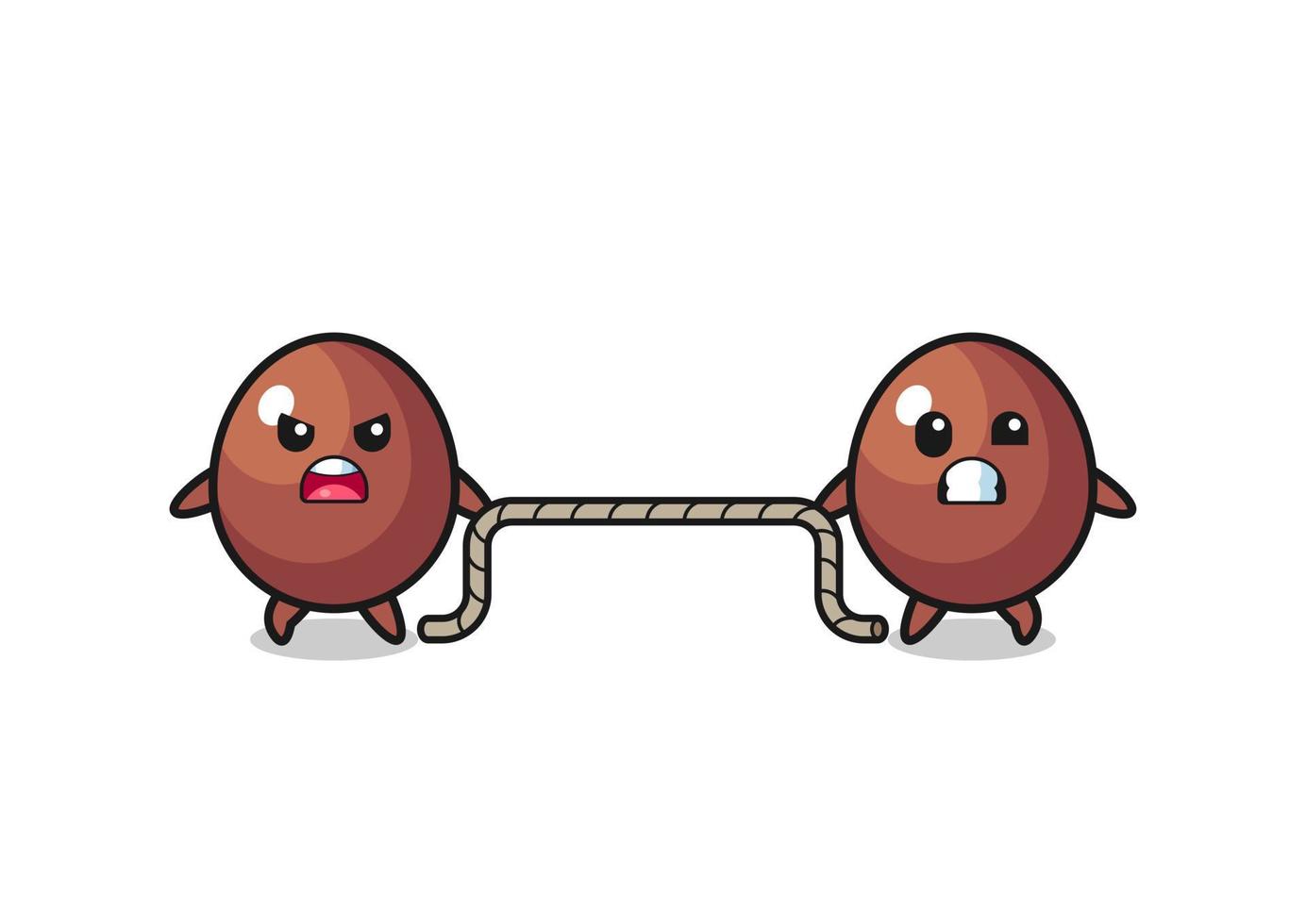 cute chocolate egg character is playing tug of war game vector