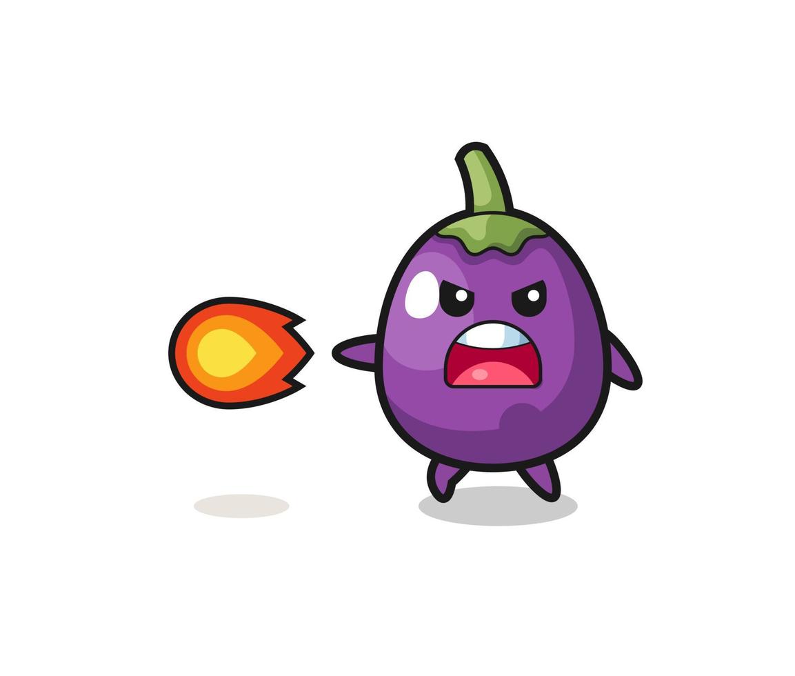 cute eggplant mascot is shooting fire power vector