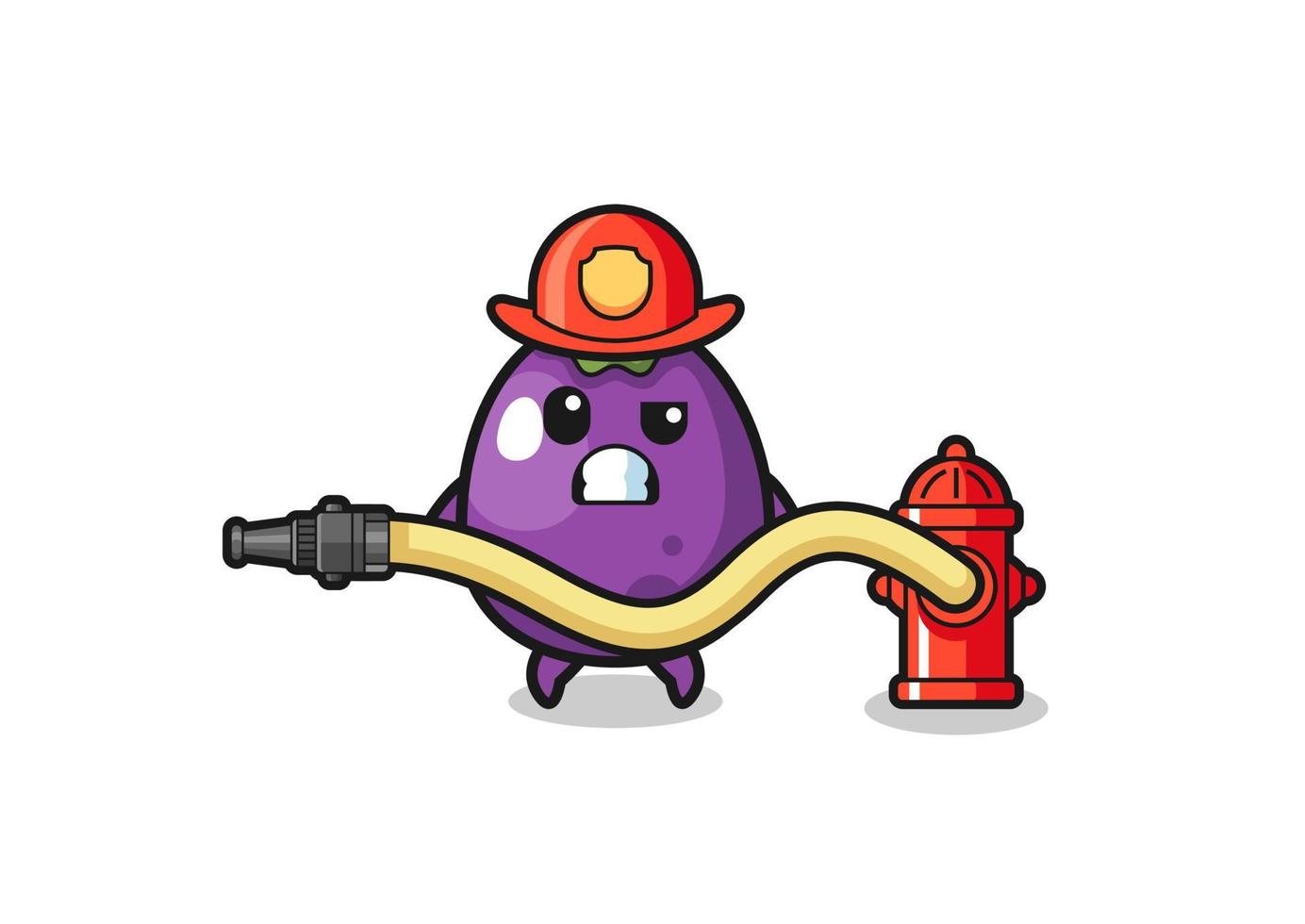 eggplant cartoon as firefighter mascot with water hose vector