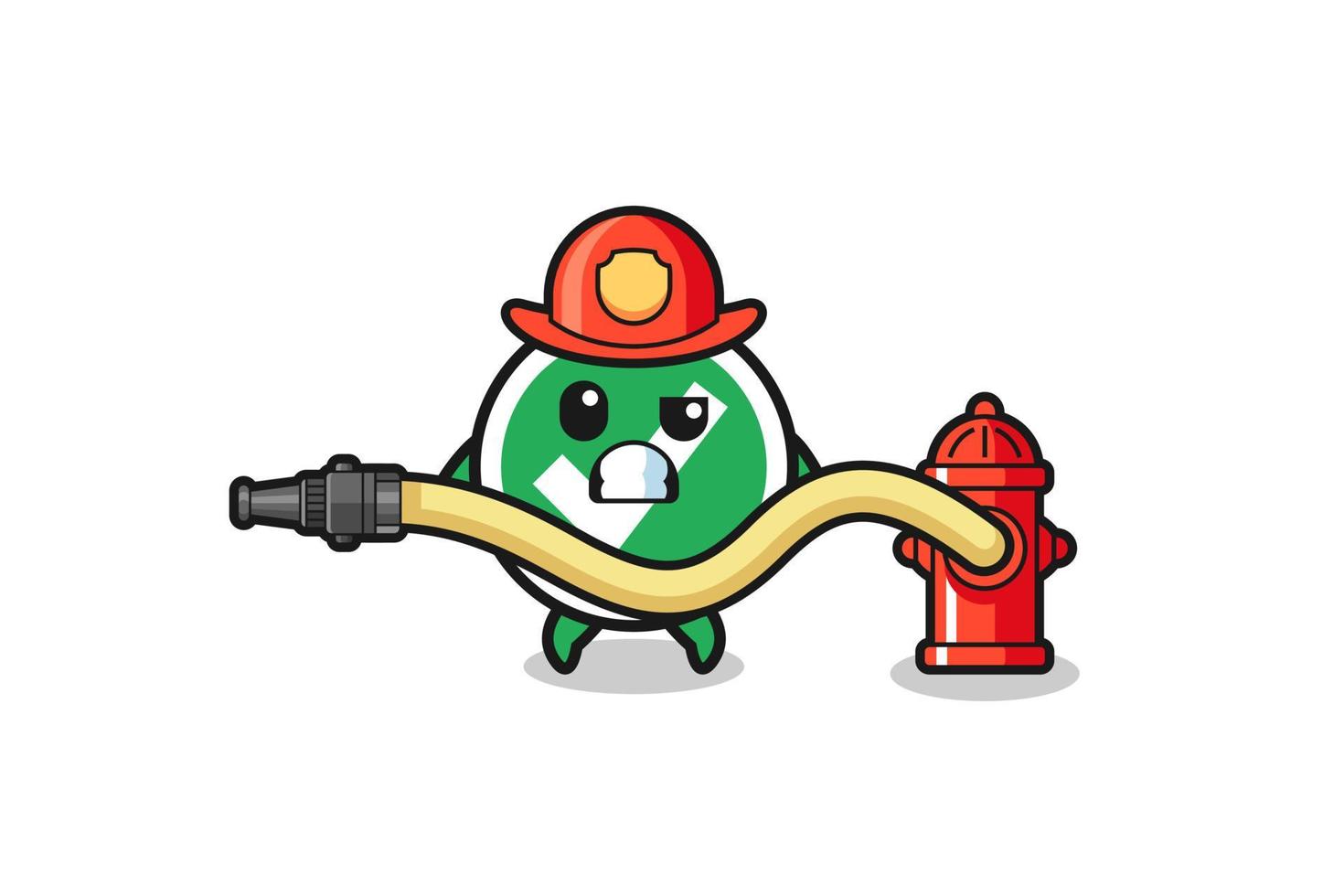 check mark cartoon as firefighter mascot with water hose vector
