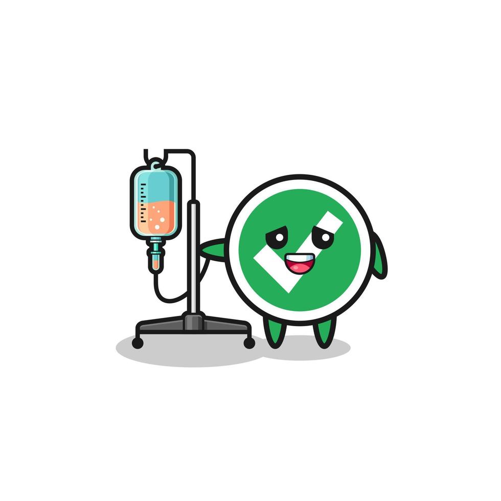 cute check mark character standing with infusion pole vector