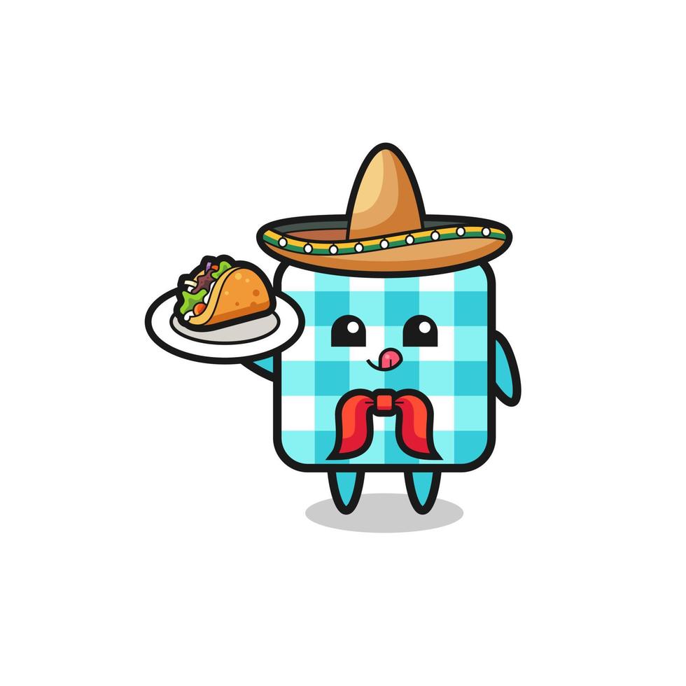 checkered tablecloth Mexican chef mascot holding a taco vector