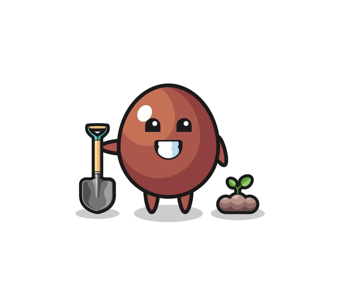 cute chocolate egg cartoon is planting a tree seed vector