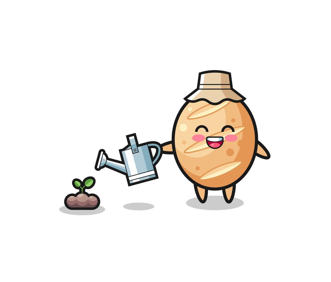 cute french bread is watering plant seeds vector