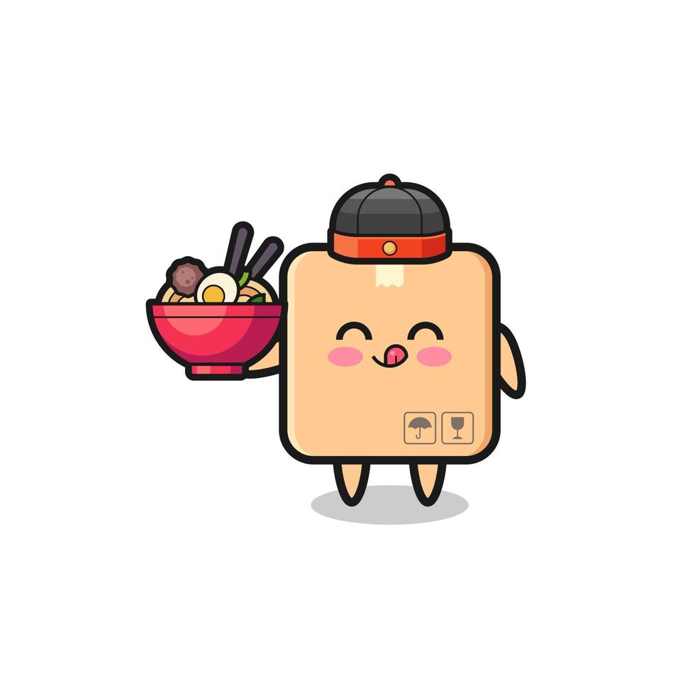 cardboard box as Chinese chef mascot holding a noodle bowl vector