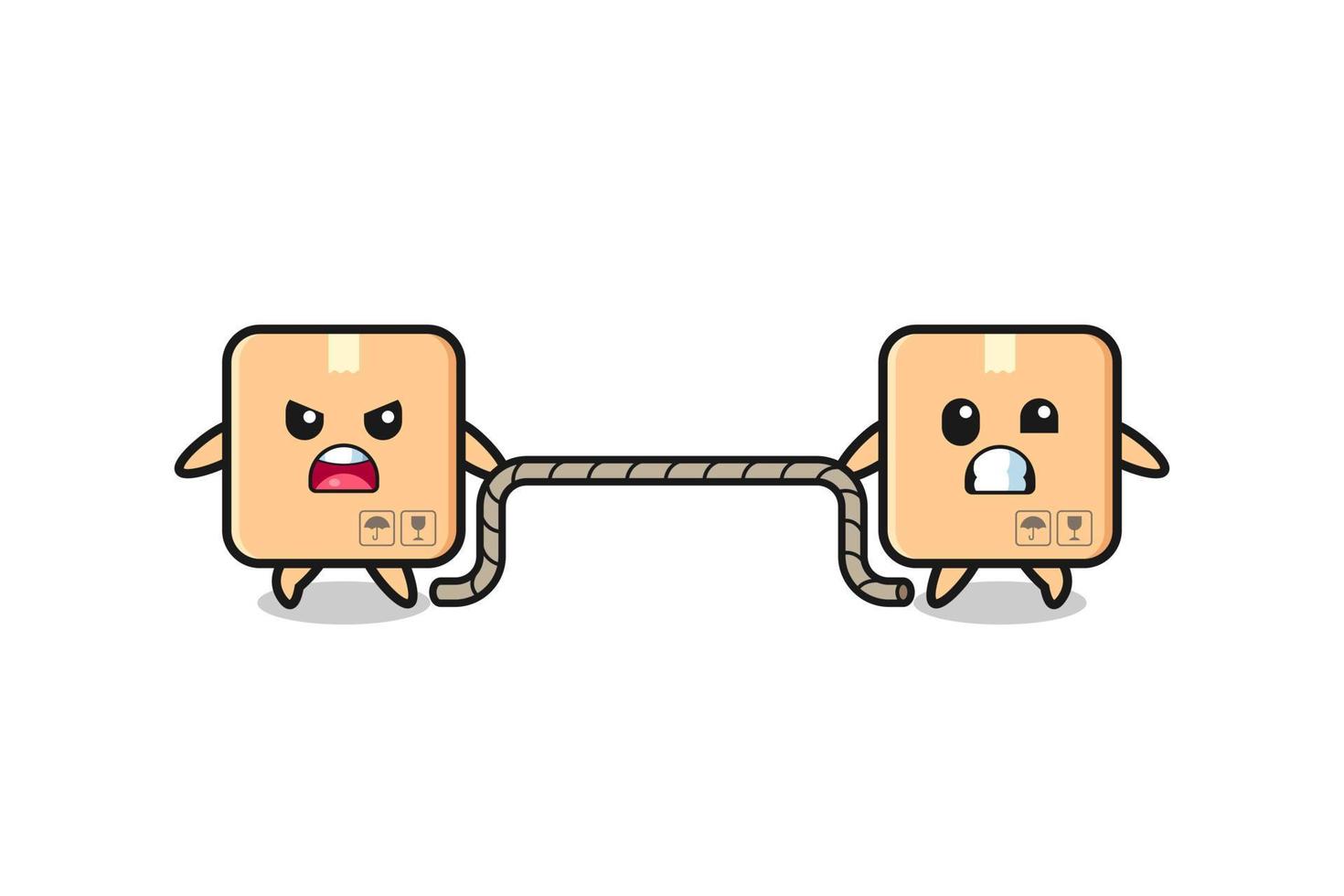 cute cardboard box character is playing tug of war game vector