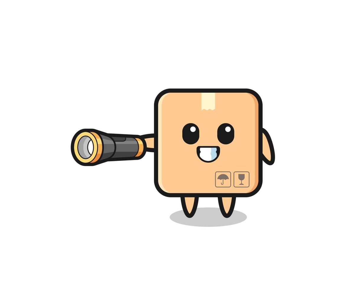 cardboard box mascot holding flashlight vector
