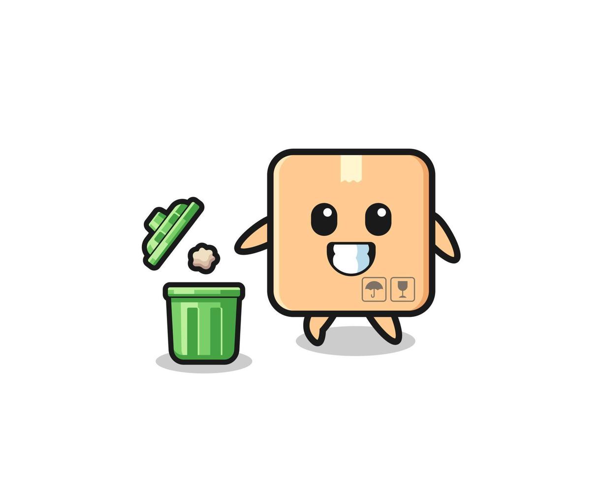 illustration of the cardboard box throwing garbage in the trash can vector