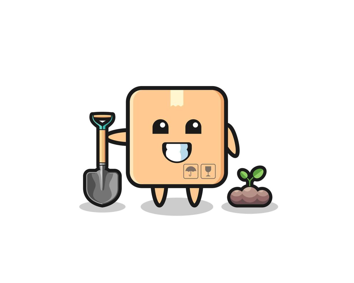 cute cardboard box cartoon is planting a tree seed vector