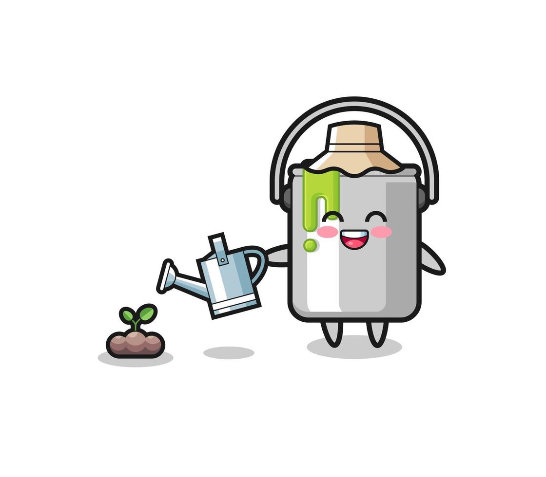 cute paint tin is watering plant seeds vector