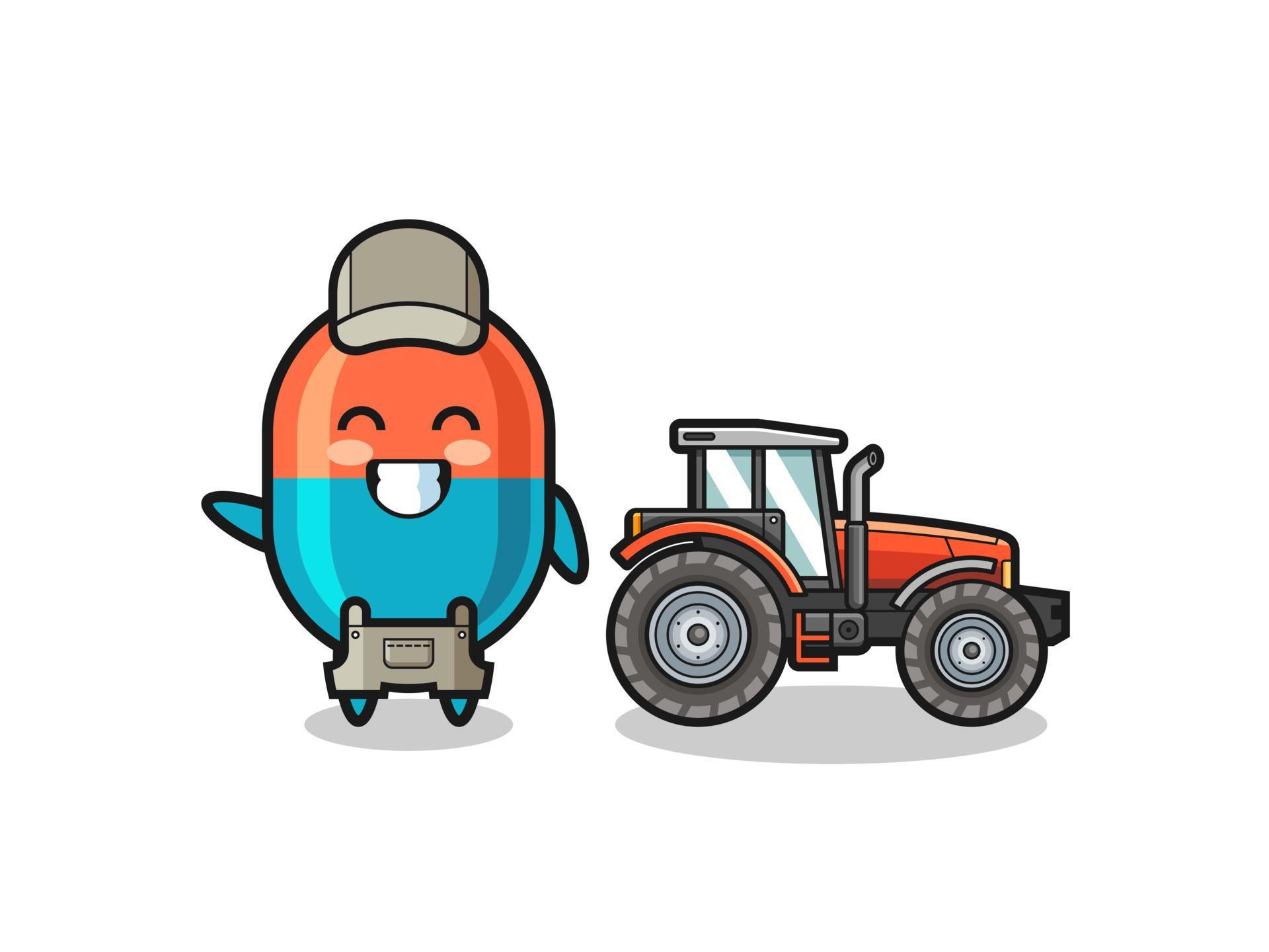the capsule farmer mascot standing beside a tractor 5393010 Vector Art