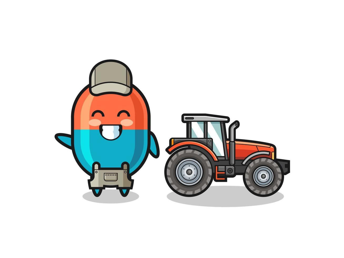 the capsule farmer mascot standing beside a tractor vector