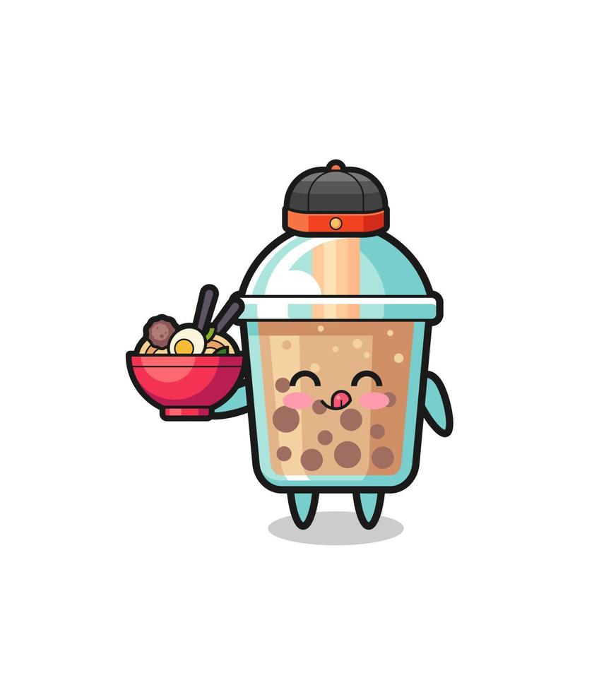 bubble tea as Chinese chef mascot holding a noodle bowl vector