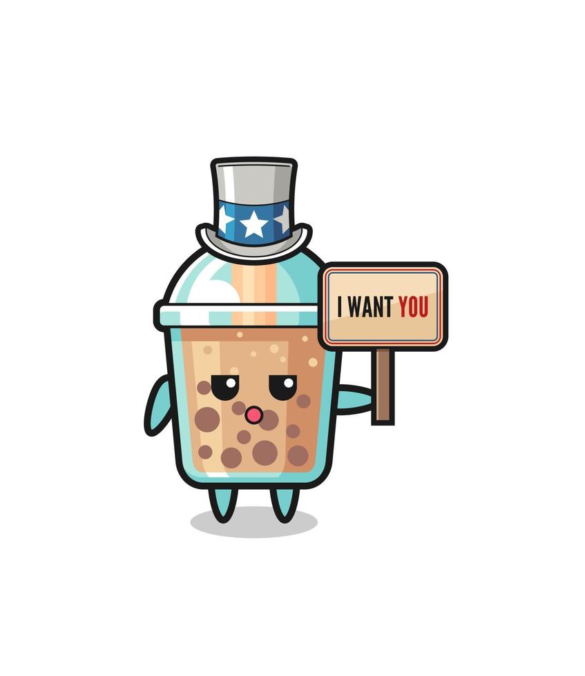bubble tea cartoon as uncle Sam holding the banner I want you vector