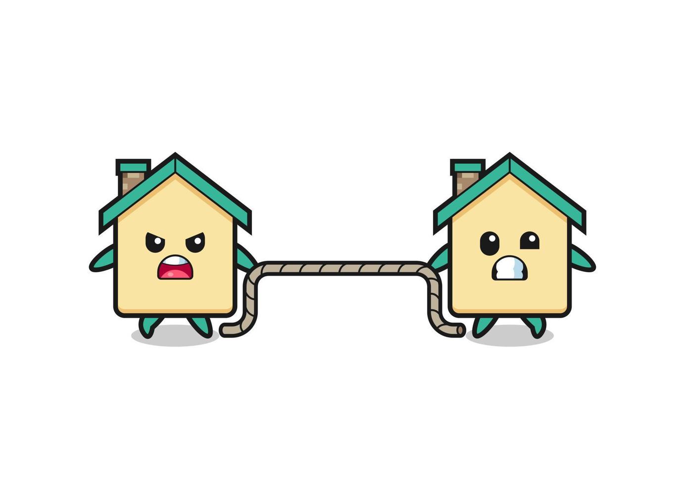 cute house character is playing tug of war game vector