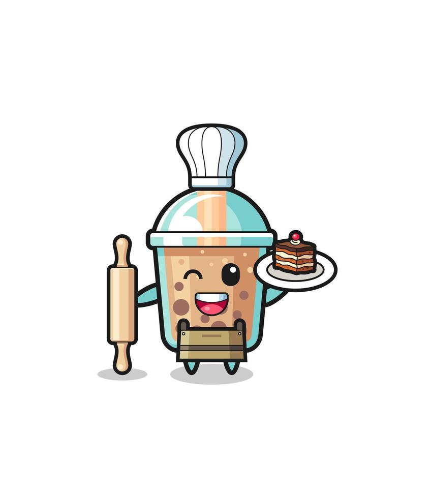 té de burbujas como mascota del chef de repostería sostiene un rodillo vector