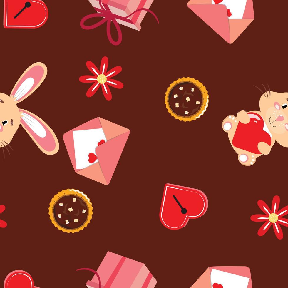 Seamless pattern with a bunny holding a heart, envelope, gifts, heart-shaped lock, flowers and chocolate. For textile, paper, wrapping paper, packaging, wallpaper. vector