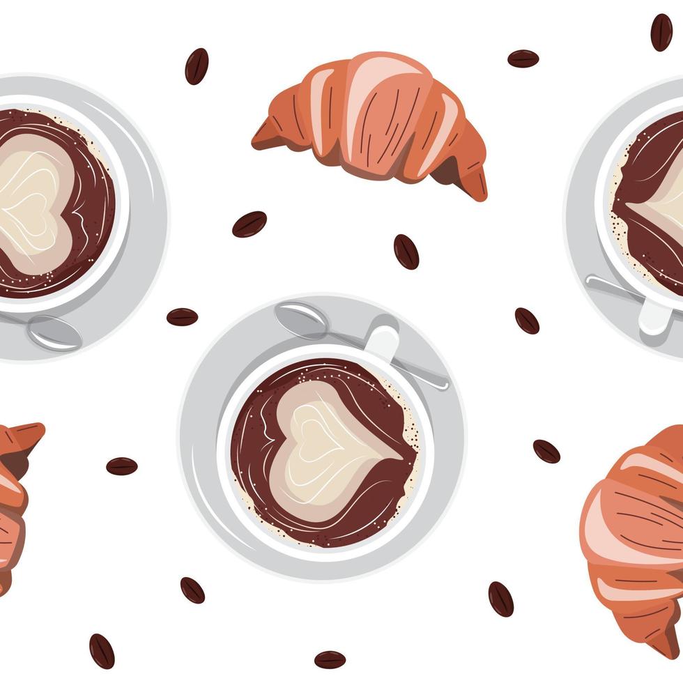 Seamless pattern with a cup of cappuccino and croissant. Latte art. Breakfast illustration. For textile, paper, wrapping paper, packaging, wallpaper. vector