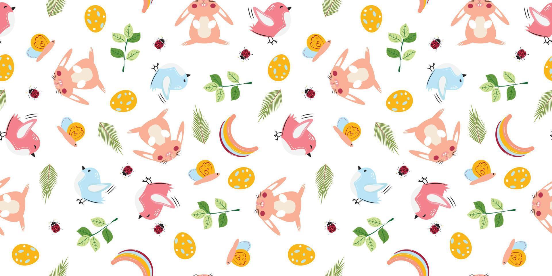 Easter pattern. Seamless pattern with a bunny, egg, bird, flower, rainbow and spring elements. For textile, paper, wrapping paper, packaging, wallpaper. Vector pattern.