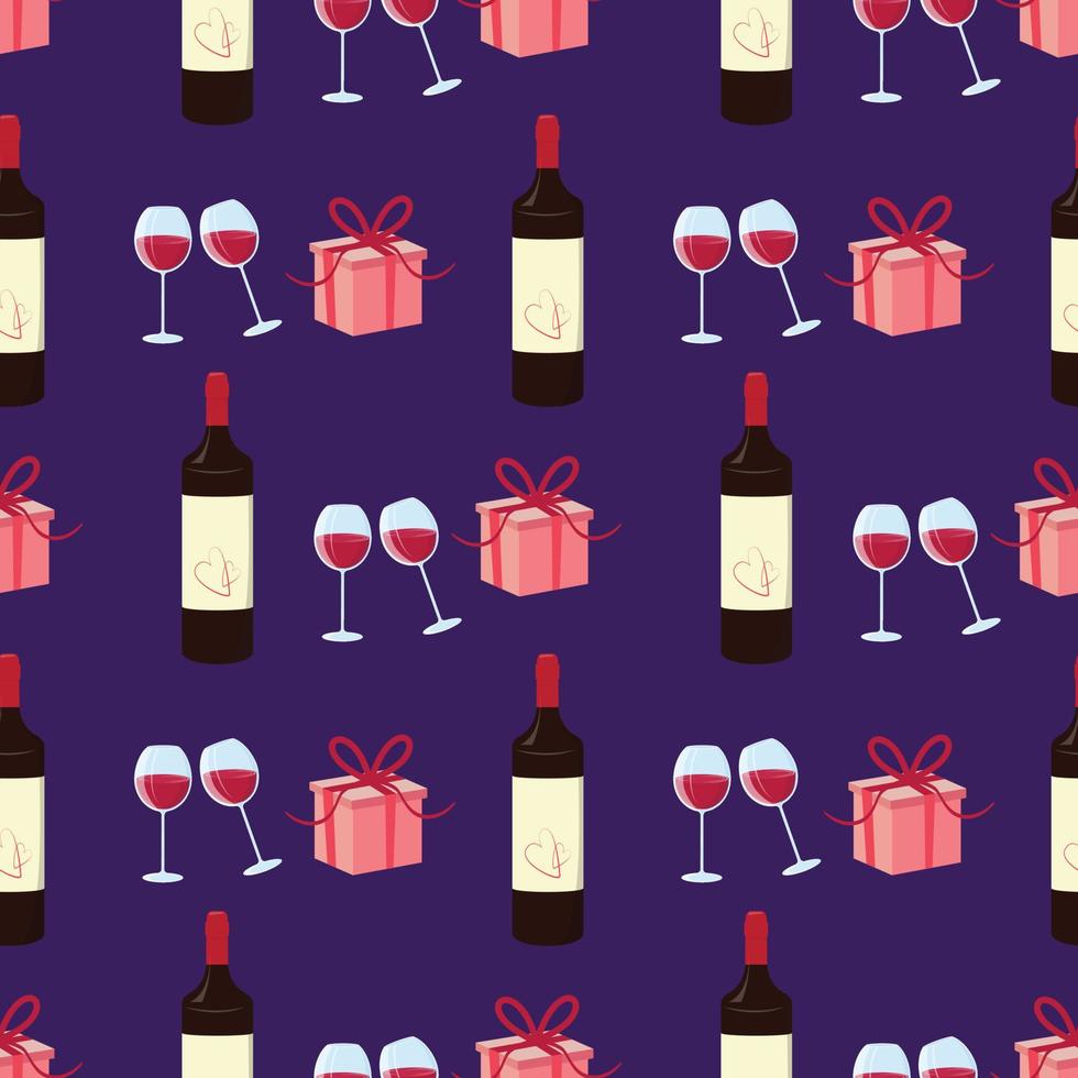 Seamless pattern with a red wine bottle, glasses and gift boxes. For textile, paper, wrapping paper, packaging, wallpaper. vector