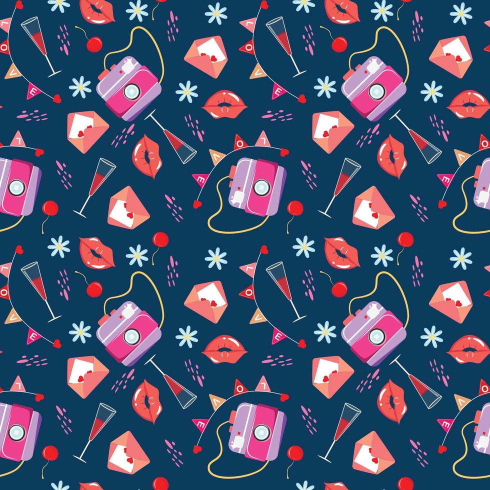 Seamless pattern with photo camera, lips, flowers, wineglasses and garland. Background for Valentine's Day. For textile, paper, wrapping paper, packaging, wallpaper. Vector pattern.