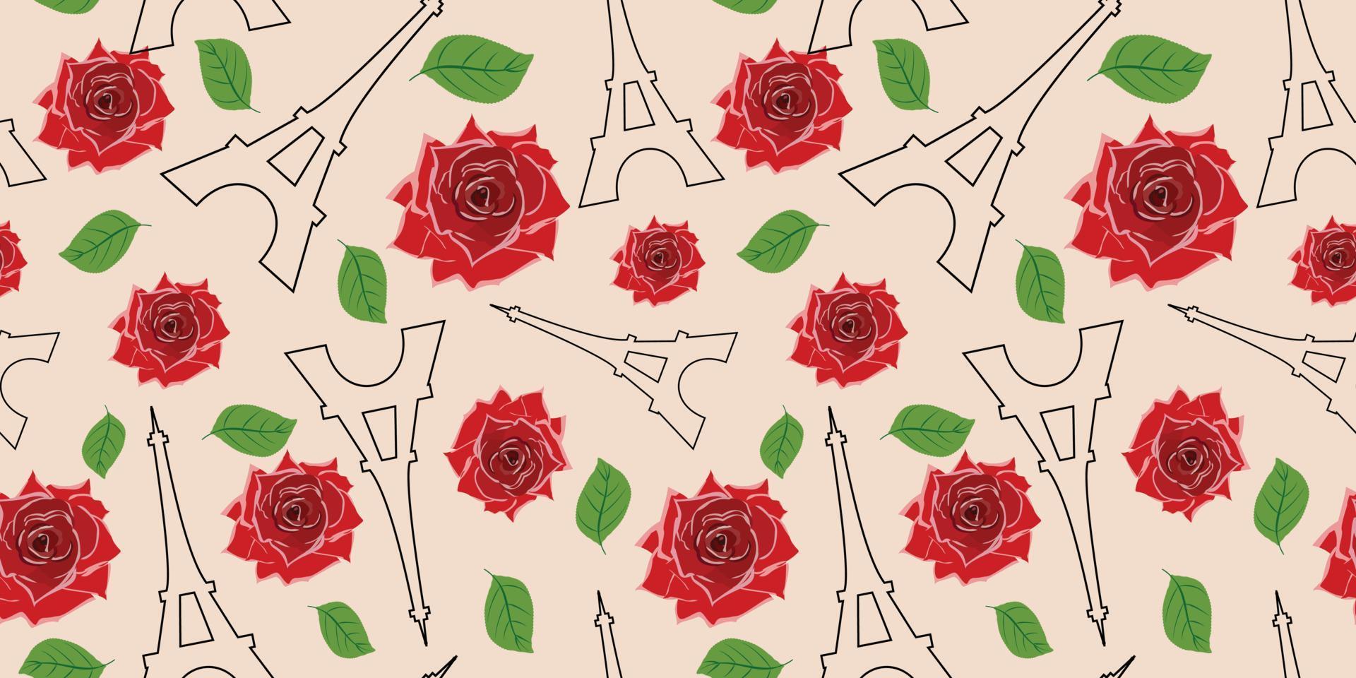 Seamless pattern with roses and Eiffel towers. For textile, wrapping paper, packaging. Vector pattern.