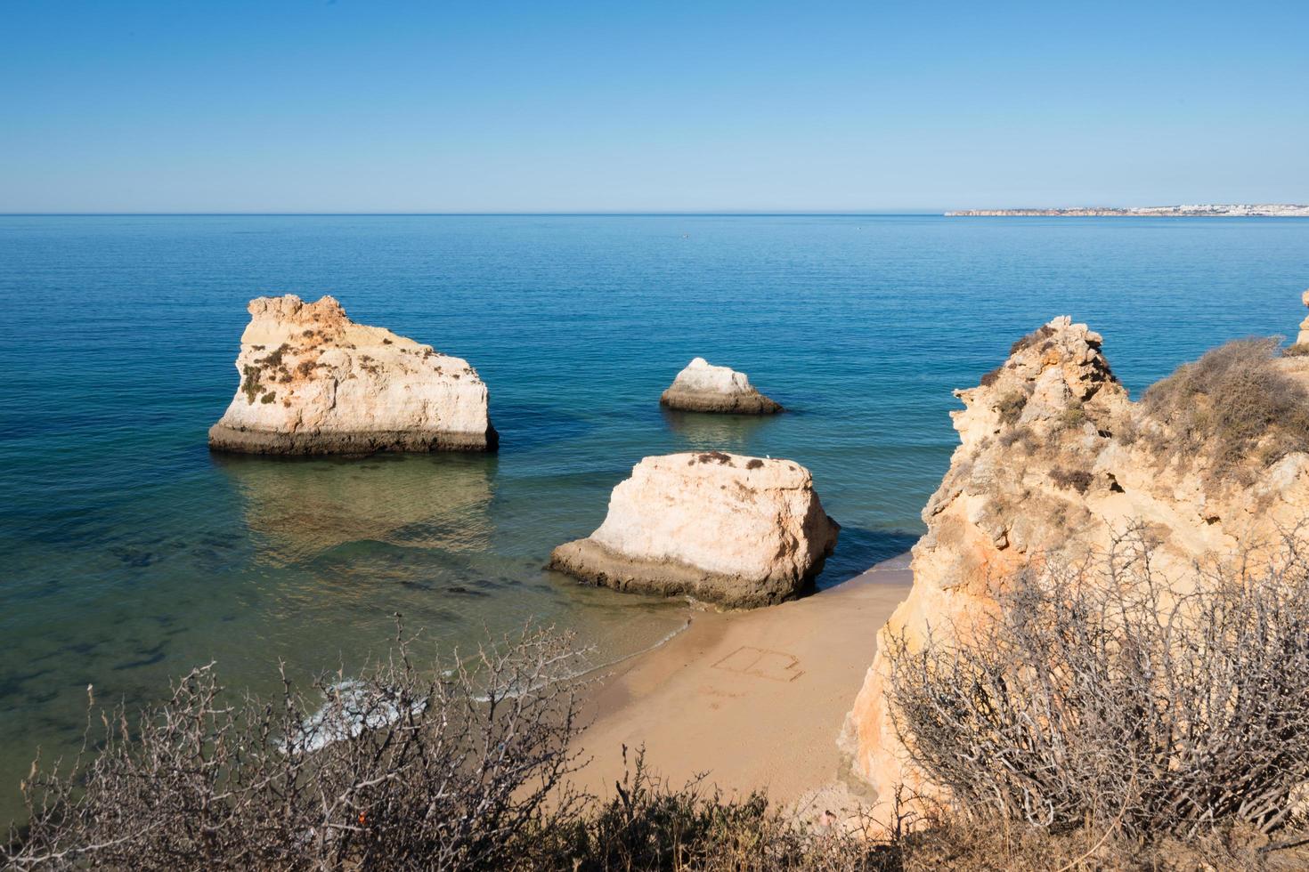 Beautiful aerial view of a beach at Algarve, Portugal, with no people. Beach of the Three Brothers. photo