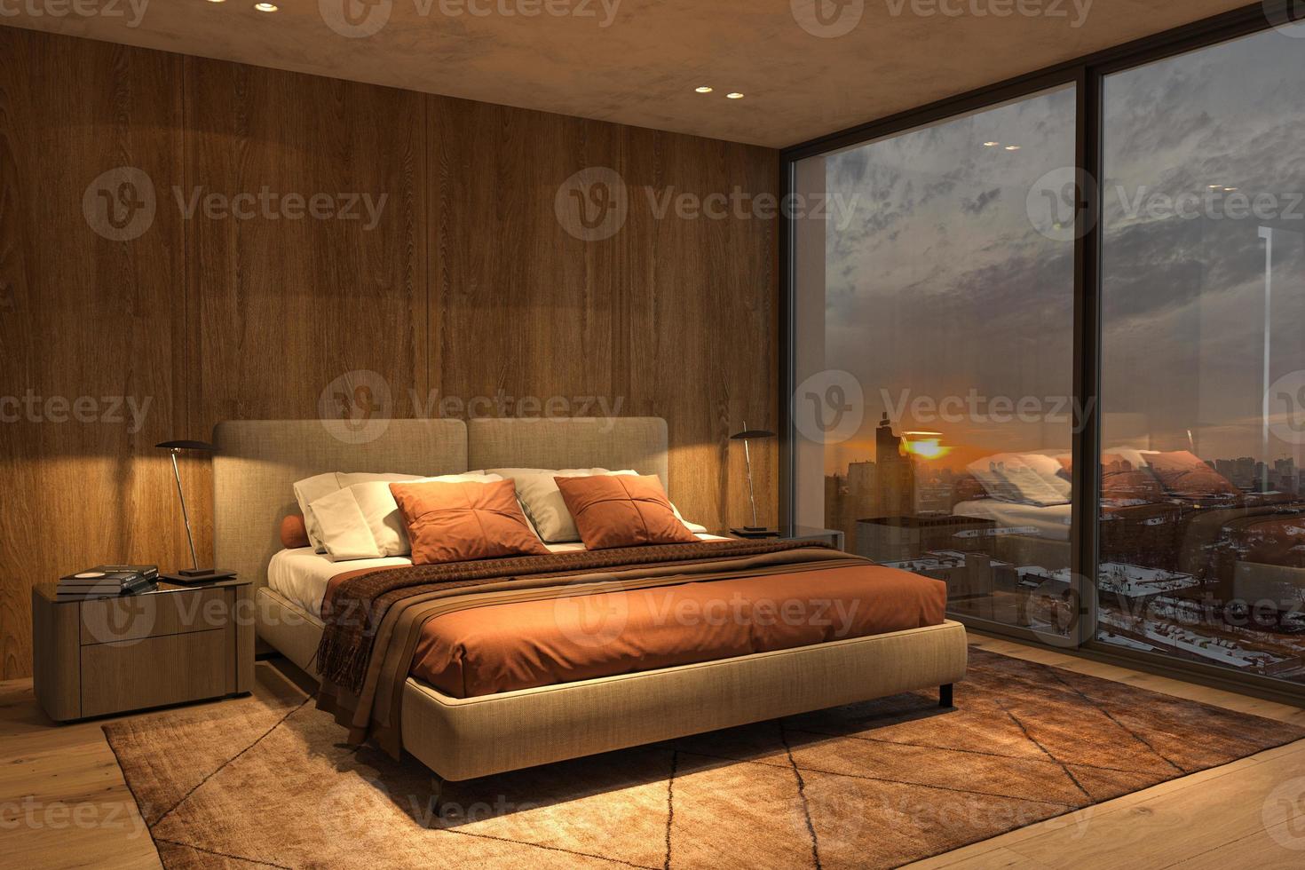 Modern luxury beautiful interior with panoramic windows. Design bedroom with bright night lighting and sunset. 3d render illustration. photo