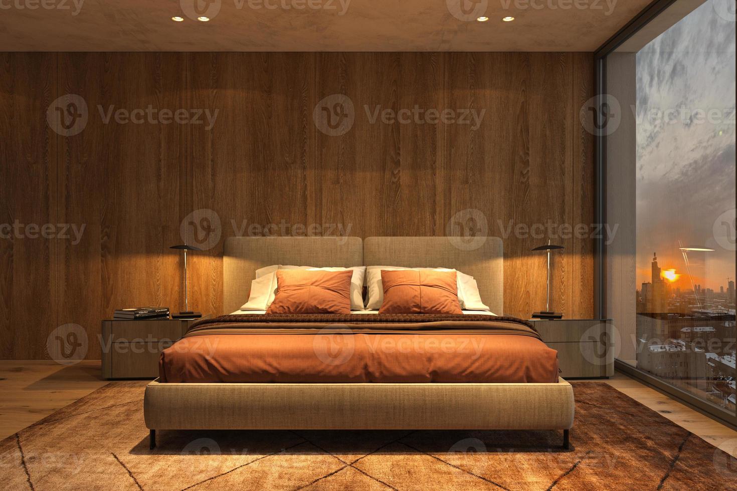 hermoso interior de lujo moderno con ventanas panorámicas y vista de invierno. dormitorio de diseño con iluminación nocturna brillante y puesta de sol. Ilustración de procesamiento 3d. foto