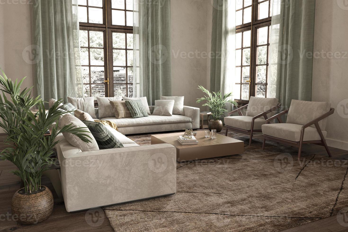 Modern interior japandi design living room. Lighting and sunny apartment with large windows and view nature.  Hampton style 3d render illustration. photo