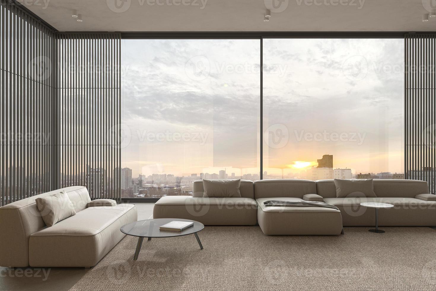 Minimalism interior design livingroom. Lighting and sunny modern apartment with large windows and view sunset. 3d render illustration. photo