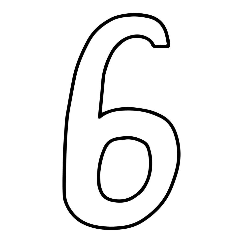 The number 6 drawn in the Doodle style.Outline drawing by hand.Black and white image.Monochrome.Mathematics and arithmetic.Vector illustration vector