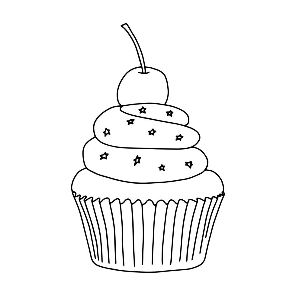 Cupcake with cherry and cream in the style of Doodle.Black and white image of baking.Monochrome.Outline drawing by hand.Sweet confectionery products.Vector image vector