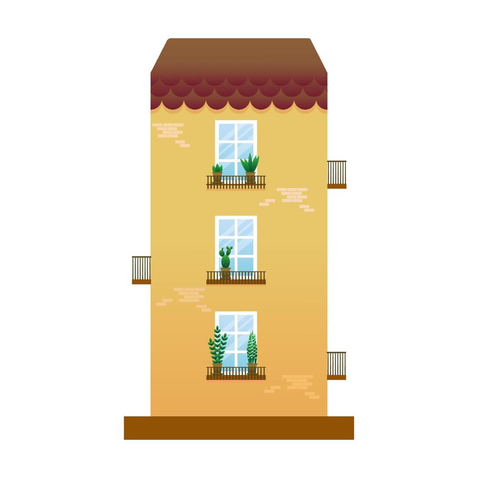 ilustración de casa plana de varios pisos. casa de la ciudad con balcones y flores interiores. ilustración vectorial vector