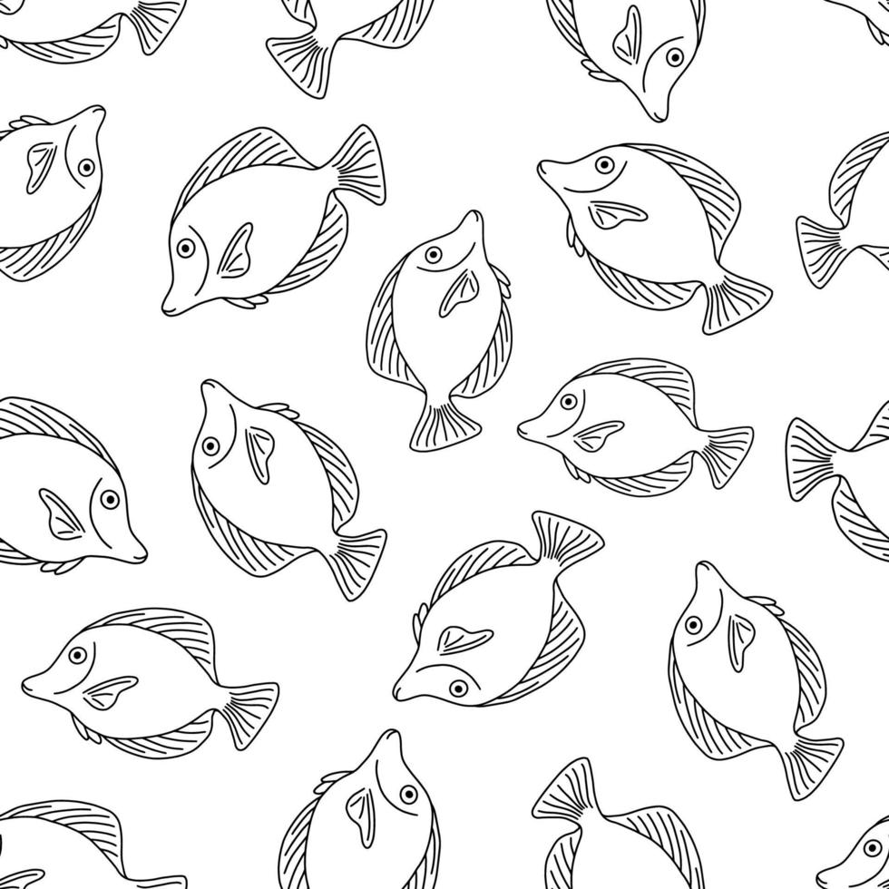 Seamless pattern with fish.A fish with a large sharp fin.Marine theme.Doodle style.Black and white image.Vector illustration. vector